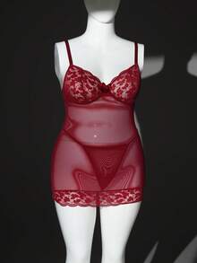 Seduluxe Bộ đồ lót gợi cảm cỡ lớn 2 món với chất liệu lưới và ren tương phản, áo ngực có gọng và váy quây, thích hợp cho Ngày Valentine. - Màu Đỏ Sâu - Xem 5