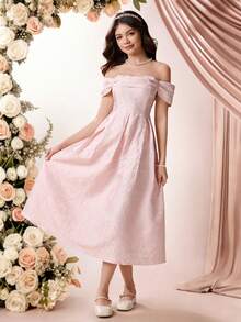 SHEIN Pitira 少女提花露肩优雅连衣裙，粉色 - 粉色 - 查看 3