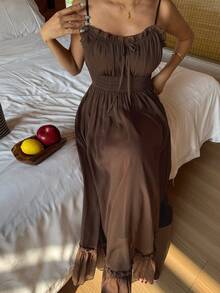 DAZY 浪漫雪纺褶皱吊带高腰荷叶边下摆女式长裙