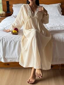DAZY Romantic Lace Patchwork Textured Loose Lantern Sleeve Mid-Length Women Nightgown - Beige - View 11