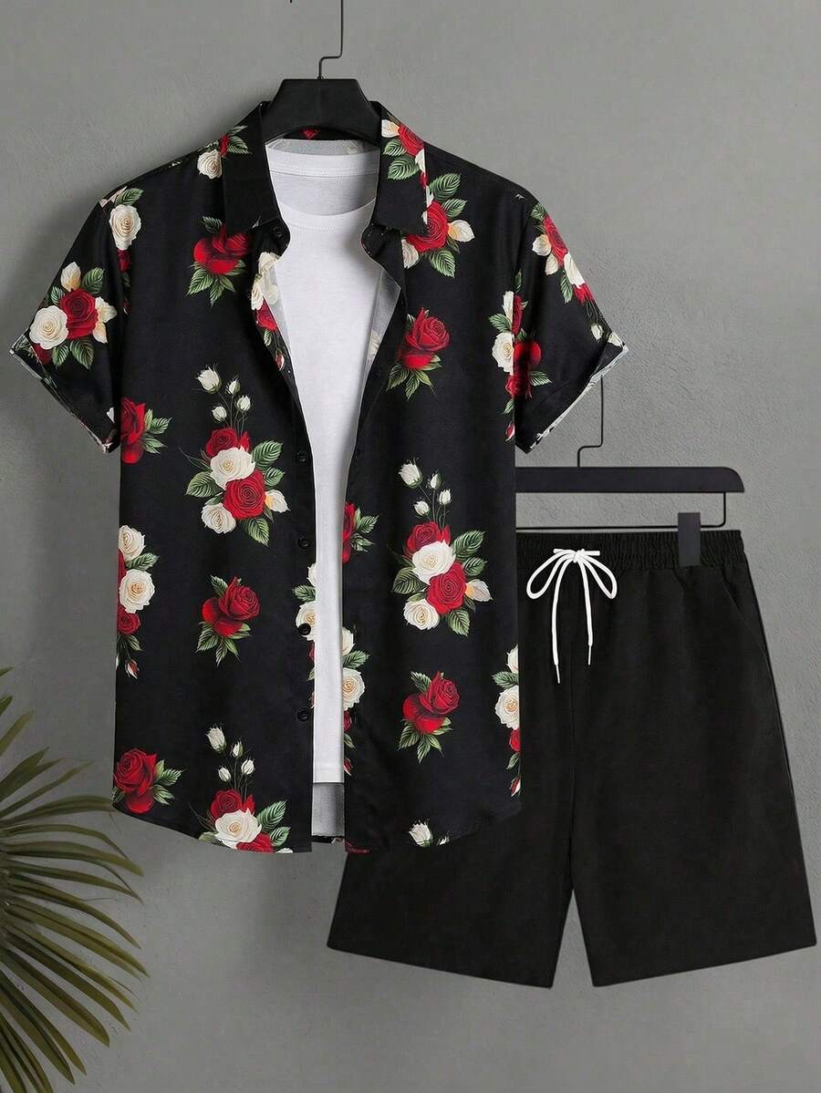 Manfinity Swimmode 男士休闲印花短袖衬衫搭配抽绳短裤沙滩套装，夏季 - 彩色 - 查看 1