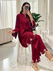 Lacomfia 女士V领刺绣宽松两件套，春夏款 - 酒紅色 - 查看 2