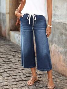 EMERY ROSE Women's Drawstring Waist Pockets Casual Wide Leg Loose 7/8 Length Jeans - Blue - View 6