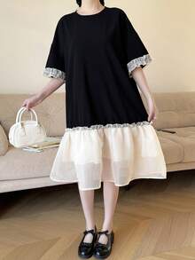 SHEIN Teen Girls' Black & White Patchwork Contrast Color Organza Ruffle Hem Loose Casual Minimalist Straight Dress,Kids - Black - View 3