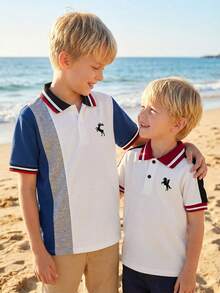 SHEIN 男童休闲撞色 Polo 衫，平领设计，适合秋季、春季、夏季穿着，也适合户外活动、上学、街头穿搭、派对和休闲场合。 - 彩色 - 查看 2