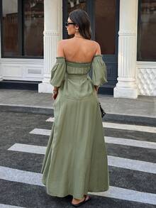 Breezaya 女士两件套露肩灯笼袖收腰A字宽松休闲度假套装，适合春夏穿着 - 軍綠色 - 查看 2