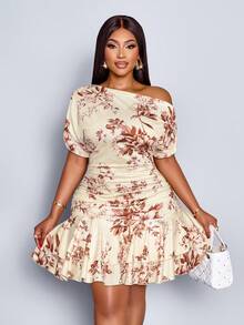 SOLERSUN 女士优雅派对日间杏色针织不对称领长袖褶皱双层荷叶边艺术印花迷你连衣裙 - 杏色 - 查看 4