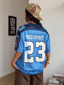 SHEIN Coolane 女士夏季节日复古街头运动服号码印花超大棒球衫T恤 - 藍色 - 查看 7