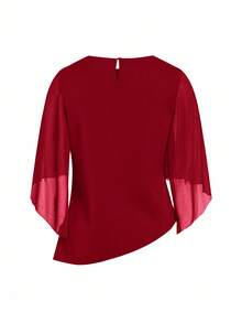 Ellevyn Elegant Chiffon Sleeve Crew Neck Blouse - Red - View 2