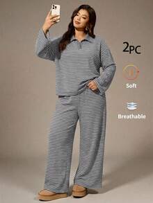 Bộ đồ 2 mảnh dáng rộng thoải mái dành cho nữ cỡ lớn, gồm áo thun dài tay trễ vai kẻ sọc và quần dài. - Xám - Xem 5