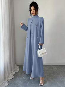 Yasmyna Women's High Neck Long Sleeve Pleated Elegant Arabic Dress - Blue - View 6