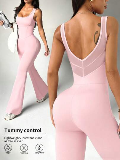 Dewbera Women's Autumn/Winter/Spring Bodysuit Pants, Black Tight-Fitting U-Neck, Waist Slimming Splicing, Back U-Shaped Mesh Patchwork, Slim & Tall, Abdominal Covering, Flared Leg, Suitable For Daily Casual Wear, Running, Yoga, Gym, Tennis, Golf And Other Activities