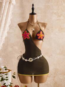 Bellisia Women's Halter Tie Backless Floral Print Hollow Out Sexy Vacation Coverup Dress - Multicolor - View 4