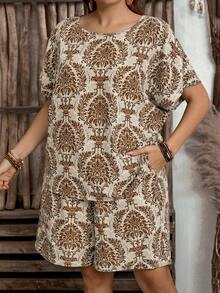 EMERY ROSE 2 Pieces Plus Size Women's Vacation Plant Print Short Sleeve Shirt & Shorts Set,Vacation Outfits Woman,Boho For Women - Coffee Brown - View 4