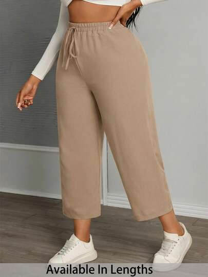 SHEIN PETITE CURVE Plus Size Women's Solid Color Tie Waist Casual Loose Pants