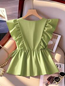 Franclia 女士甜美法式短袖V领荷叶边下摆系带露脐上衣，春夏款 - 綠色 - 查看 2