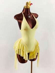 Amplova 2026 New V-Neck Backless Cinched Waist A-Line Bodysuit - Pale Yellow - View 1