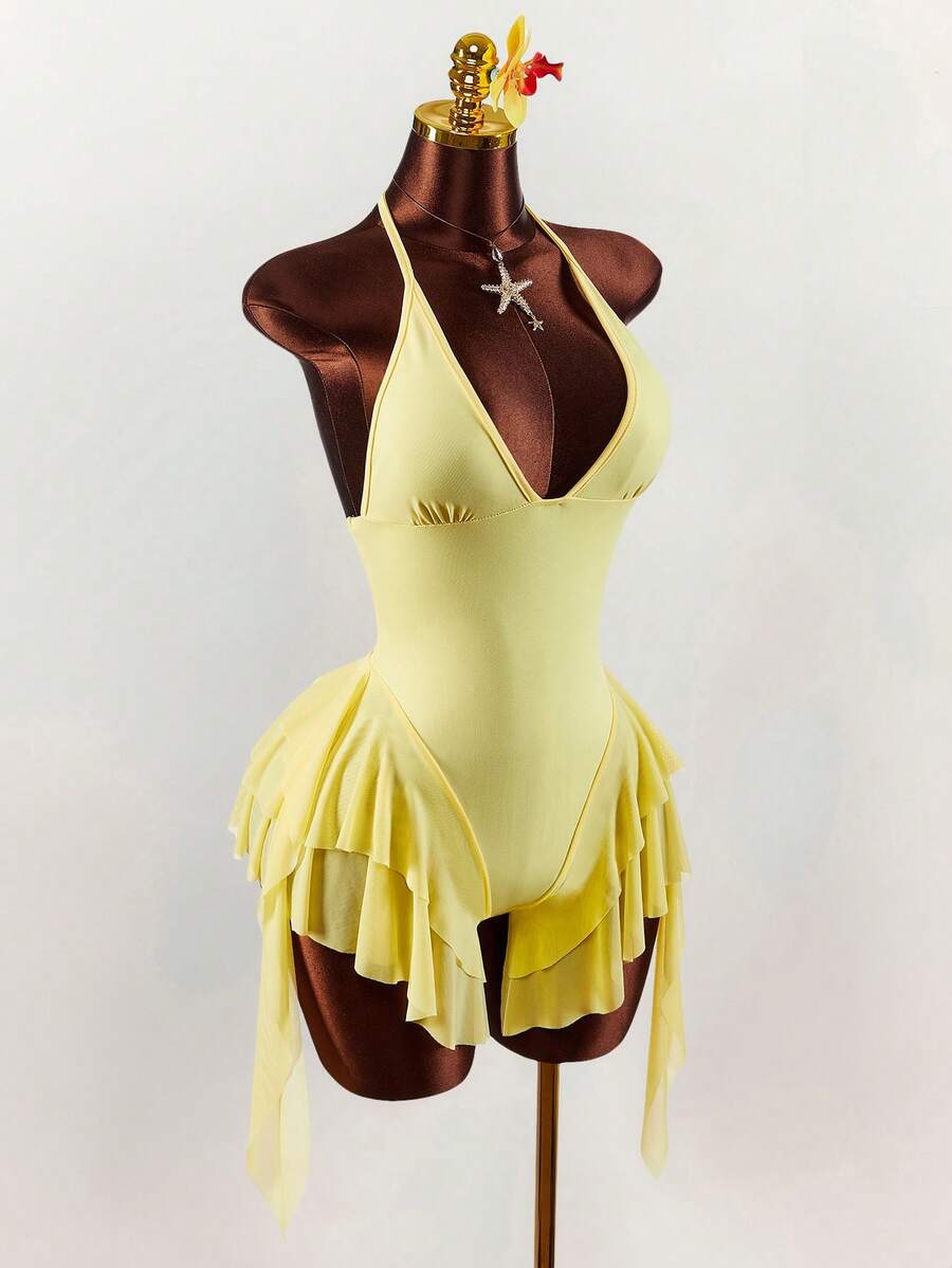 Amplova 2026 New V-Neck Backless Cinched Waist A-Line Bodysuit - Pale Yellow - View 1