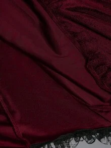 ROMWE SpringGothic Elegant Palace Style Deep V-Neck High Slit Oversized Bell Sleeve Lace & Velvet Patchwork Fitted Jacket - Burgundy - View 5