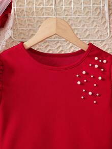 少女优雅通勤珍珠蝴蝶结泡泡袖修身上衣+二合一半裙短裤针织T恤套装 - 酒紅色 - 查看 8