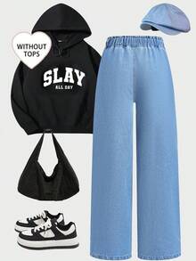 SHEIN ChillGRL Teen Girls' Loose Straight Leg Jeans, Faux Drawstring Waist Design, Casual Washed Blue Distressed, Simple & Fashionable Baggy Jeans Y2k Baggy Outfits