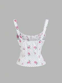 Sweetra Women's New Year, Halloween, Christmas, Thanksgiving, Spring, Summer, Autumn, Winter, Suitable For Party, Commute, Daily, Travel, Vacation. Women's Casual Wear: White Shirt, Polka Dot Blouse, White Top, White Polka Dot Rose Print Embroidered Hollow Out Fabric Top, New Year White, Summer Top, Women's Casual, Ruffle Collar Bow Tie Fitted A-Line Sweet Vacation Casual Special Fabric Cami Top - Multicolor - View 2