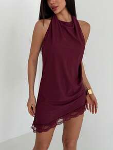 Aloruh 女士优雅加长蕾丝拼接吊带上衣 - 棕色 - 查看 4