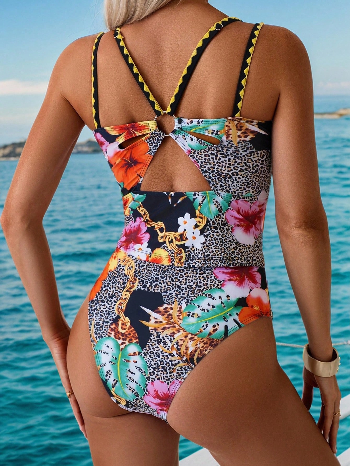 Swim Lushoire 2 Peças Conjunto de Maiô Bikini Feminino Sexy com Estampa Floral e Onça, Maiô Bikini com Alças Finas e Costas Abertas, Estilo de Férias - Multicolorido - Visão 2