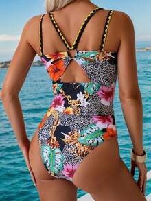 Swim Lushoire 2pcs Women's Sexy Floral & Leopard Print Bikini Set, Spaghetti Strap Backless Swimsuit, Vacation Style - Multicolor - View 2