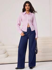 Aidyla Pink Striped Cinched Waist Fitted Sexy Blouse - Pink - View 3