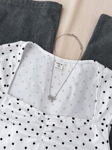 SHEIN 少女黑白波点印花褶皱针织休闲百搭T恤，春夏款