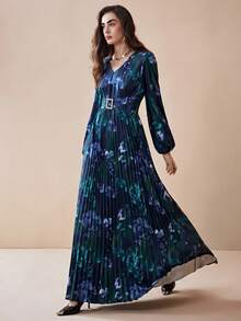 Arave Đầm maxi dài tay cổ chữ V nhuộm màu tie-dye đính đá và cúc kim loại, kiểu dáng thanh lịch, thắt eo, thích hợp cho kỳ nghỉ và tiệc tùng. - Nhiều màu - Xem 6