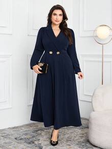 Modelyn Đầm công sở hai hàng cúc màu trơn thanh lịch cỡ lớn - Màu xanh hải quân - Xem 5