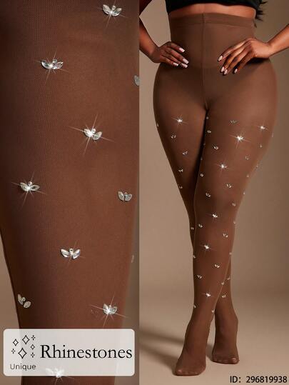 SHEIN SXY Plus Size Women's Fall & Winter,Spring&Summer Elegant Gorgeous Glamorous Sexy Basic Handmade Rhinestone Decoration With Mesh Fabric See-Through Tights Leggings, ,Minimalist Fashion For Everyday Wear