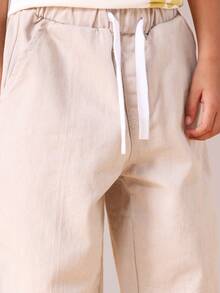 SUMWON 男童宽松阔腿牛仔裤，带侧袋，松紧腰带，舒适贴身，适合日常穿着和度假。 - 卡其色 - 查看 6