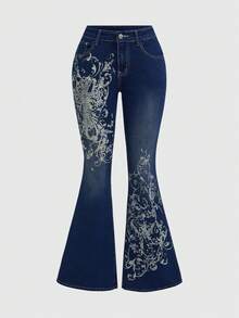 ROMWE Grunge Punk Damen Retro Grunge Vintage Kreuz- und Rankenmuster Tief Taillierte Sexy Schlagjeans - marineblau - Übersicht 1