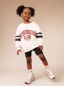 SUMWON Studios Club White Pullover Hoodie With Black Striped Sleeves And Black Cycling Shorts Co-Ord Set For Kids Fall Winter Casual Wear Vacation - White - View 1
