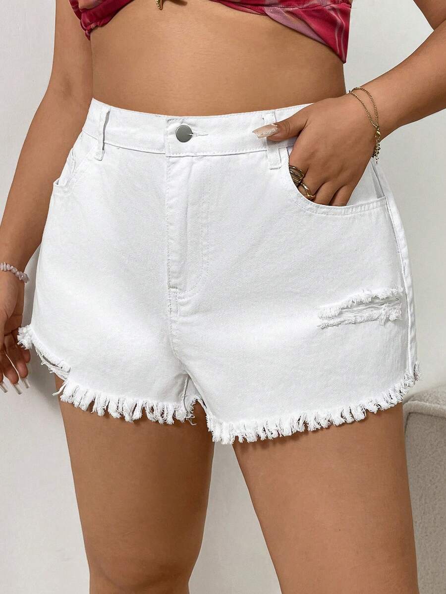 Sunnyshic High Waist Loose Solid Color Distressed Denim Shorts - White - View 1