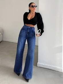 EURMUSE Plus Size Women Pockets Button Casual Versatile Commute Denim Wide Leg Pants - Medium Wash - View 5