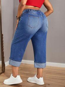 Slaydiva Quần jeans ống rộng cạp cao, xắn gấu, dáng suông, chất liệu wash, cỡ lớn, kiểu dáng thường ngày. - Màu xanh lam - Xem 2