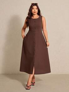 Elaquor 大码夏季休闲纯色纽扣无袖连衣裙 - 咖啡棕 - 查看 5