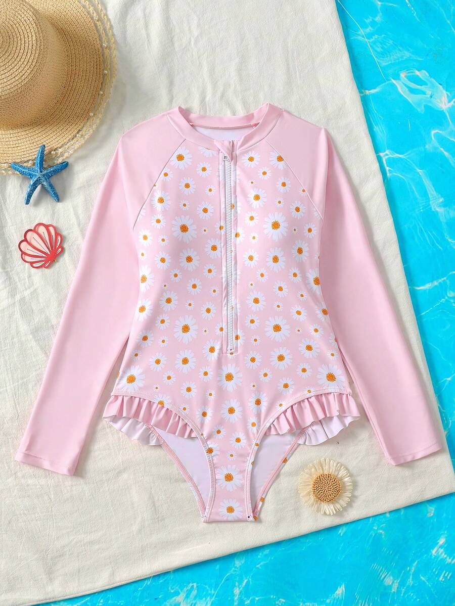 Tween Girl Summer Vacation Beach Ditsy Floral Ruffle Sleeve One-Piece Swimsuit - Pink - View 1