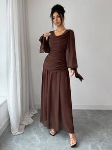 SHEIN PETITE Women's Casual Elegant Draped Collar Ruched Lantern Sleeve Flowy Dress, With Ruffle Collar, Lantern Sleeves, And Tie Waist Design, Suitable For Various Formal Occasions Such As Parties, Weddings, Graduations, Halloween, Christmas, Saudi National Day, New Year, Etc. - Brown - View 3