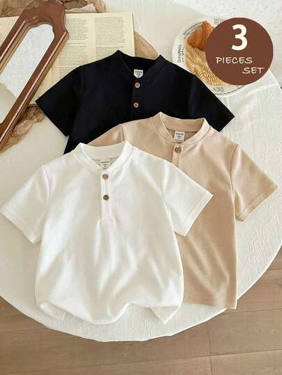 LMoss Kids 3pcs Young Boy Solid Color Knit Short Sleeve Top, Casual & Comfortable