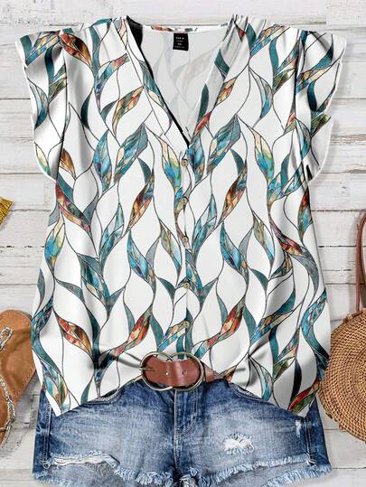 EMERY ROSE Plus Size Women Vintage Leaf Print Casual Blouse, Suitable For Autumn, Summer, White Shirt, Party,Vacation/Summer/Spring