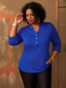 EMERY ROSE Áo thun cổ chữ V màu trơn cỡ lớn, kiểu dáng thường ngày, thích hợp cho kỳ nghỉ/mùa hè/mùa xuân, áo sơ mi cài nút cỡ lớn màu xanh dương, áo nữ cỡ lớn, áo kiểu thường ngày cỡ lớn. - Xanh đậm - Xem 4