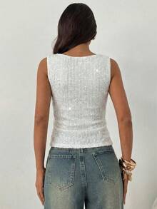 Aloruh Áo tank top ôm sát không tay cổ tròn đính sequin dành cho nữ, thích hợp cho các bữa tiệc, Giáng sinh, Năm mới. - trắng - Xem 2