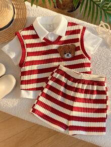 SHEIN 3件套男宝宝夏季休闲可爱条纹卡通图案红色条纹背心、白色衬衫、短裤绅士套装，适合生日派对、锐舞派对、晚宴、演出、婚礼、迎婴派对、一周岁生日庆祝等场合。 - 彩色 - 查看 8