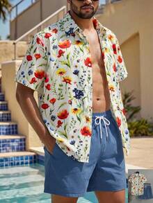 Manfinity Swimmode 印花纽扣短袖衬衫和短裤沙滩套装 - 彩色 - 查看 4