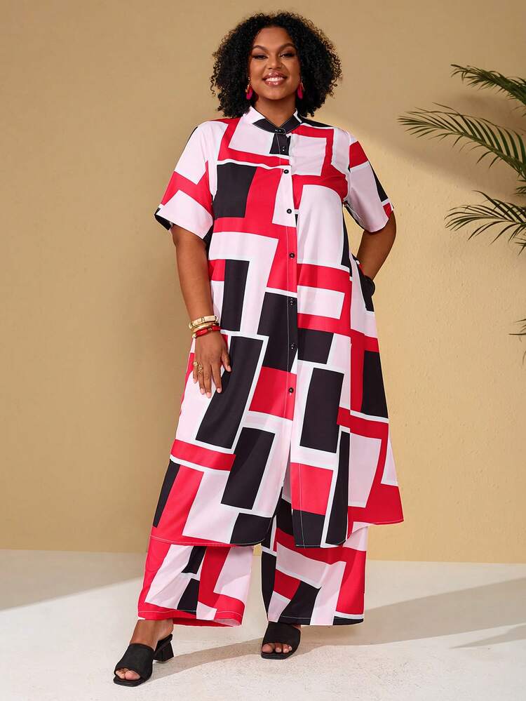 Plus Size Women's Summer  Casual Vacation Geometric Print Long Shirt And Pants 2 Pieces Set,Vacation,Early Spring,Spring Break Outfits ,Vacation Outfits Women ,Holiday Outfits For Women,Spring Clothes Women,Going Out Outfits,2026 New Clothes,Simple And Fashionable For Everyday Wear, Plus Size 2 Piece Sets, Plus Size Women Clothes 2 Piece, Geometric Print Set